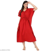 Shararat Women's Printed Cotton Kaftan Nighty | Kaftan Night wear Night Gown for Women | Night Dressfor women Red - M, available