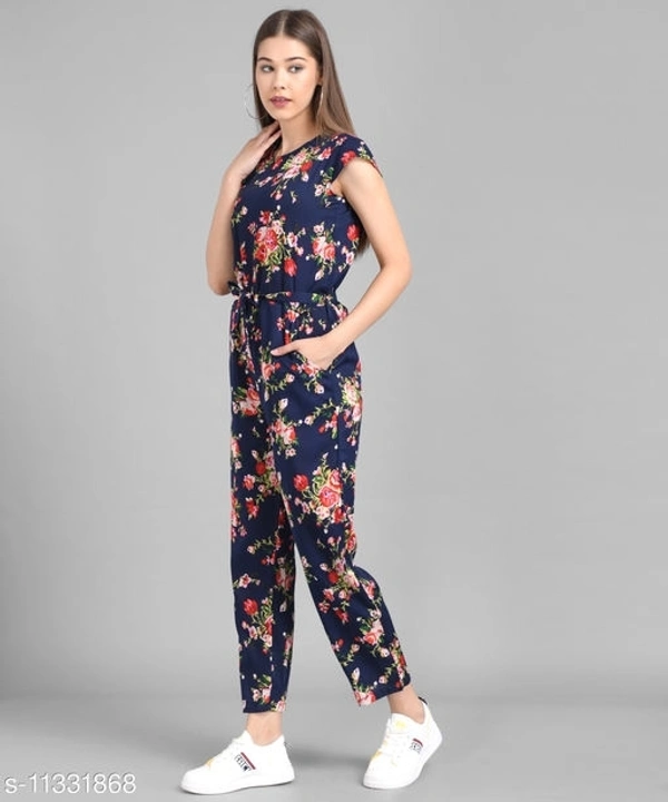 Women Nevy Blue Flower Printed Front Knot Jumpsuits - M, available