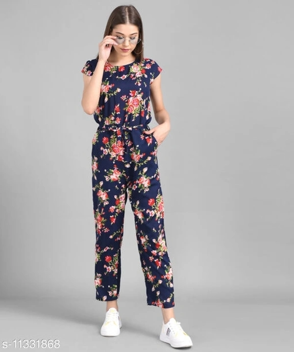 Women Nevy Blue Flower Printed Front Knot Jumpsuits - M, available