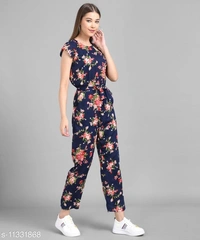 Women Nevy Blue Flower Printed Front Knot Jumpsuits - M, available