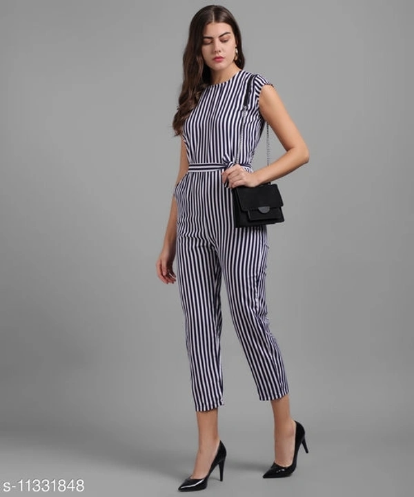 Women Nevy Blue Small Stripe Printed Front Knot Jumpsuits - available, S