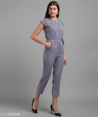 Women Nevy Blue Small Stripe Printed Front Knot Jumpsuits - available, S