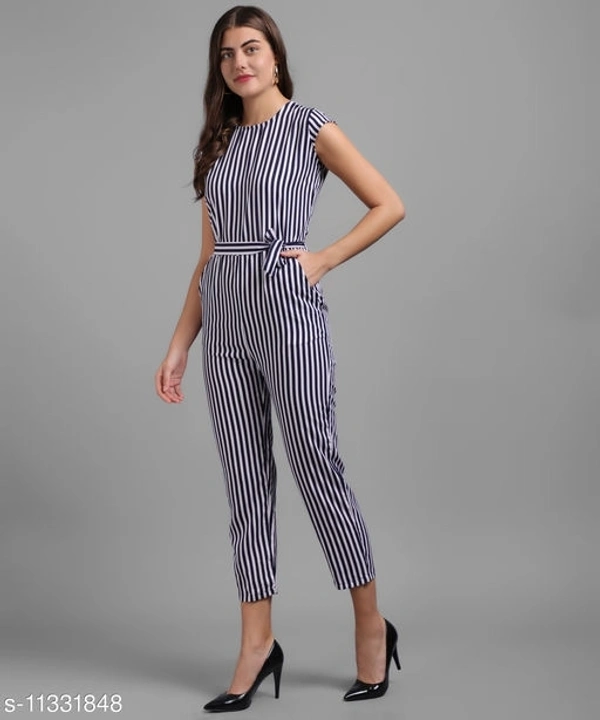 Women Nevy Blue Small Stripe Printed Front Knot Jumpsuits - available, S