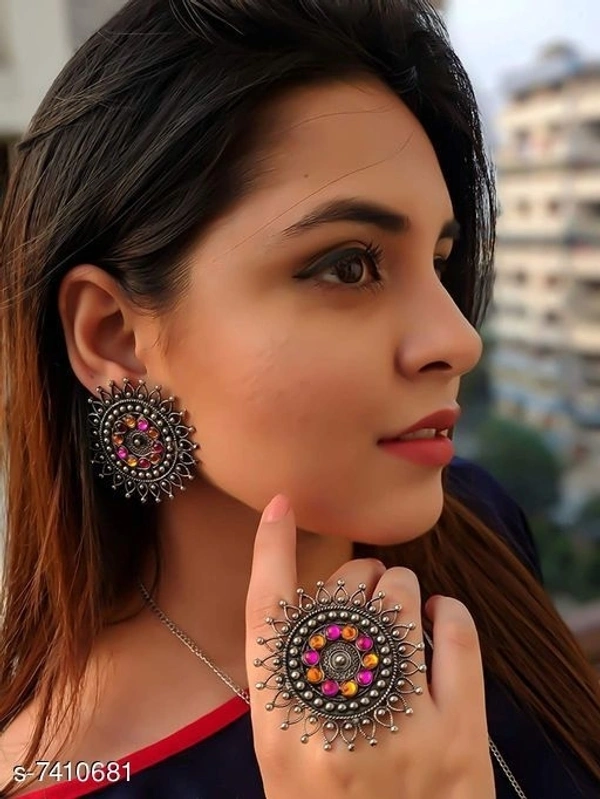 Beautiful Oxidized Earrings with Ring - Available, Free Size