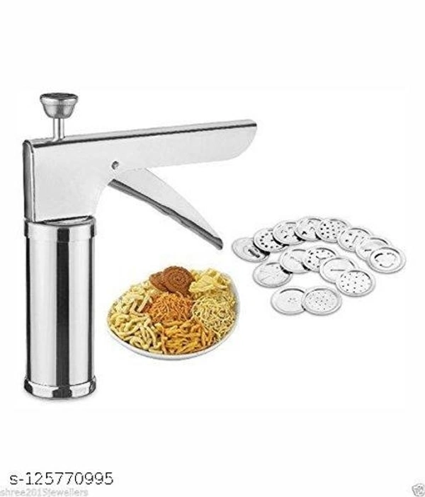 Frekich Stainless Steel Kitchen Press with 15 Different Types of Jalies, Murukku Maker/Bhujiya Maker/Cookies/Namkeen/Noodles/Chakali Maker/Sev Maker/Farsan Maker/Gathiya Maker - Free Size
