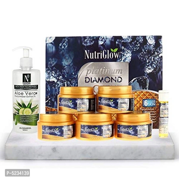 NutriGlow Combo: Platinum, Diamond and Gold Facial Kit (260 gm) + NATURAL Aloe Vera and Cucumber Extracts (500 ml)/Radiant Look/ Skin Whitening Lotion
