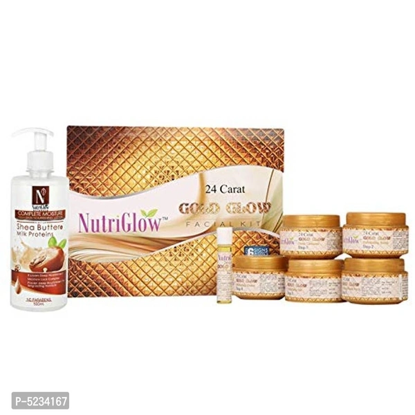 NutriGlow Skin Care Combo : 24 CARAT GOLD Glow Facial Kit (260 gm) + NATURAL Shea Butter and Milk Proteins (500 ml)/ Skin Nourishing Lotion/ Skin Cell Repair / For Reduce Pigmentation