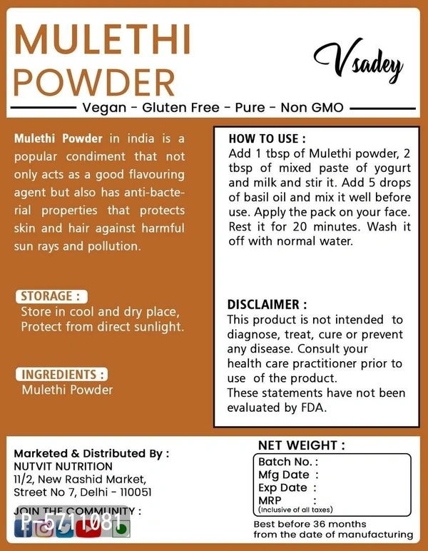 Pure Organic Mulethi Powder Licorice For Skin Whitening 200G (Pack Of 1) - Free Size