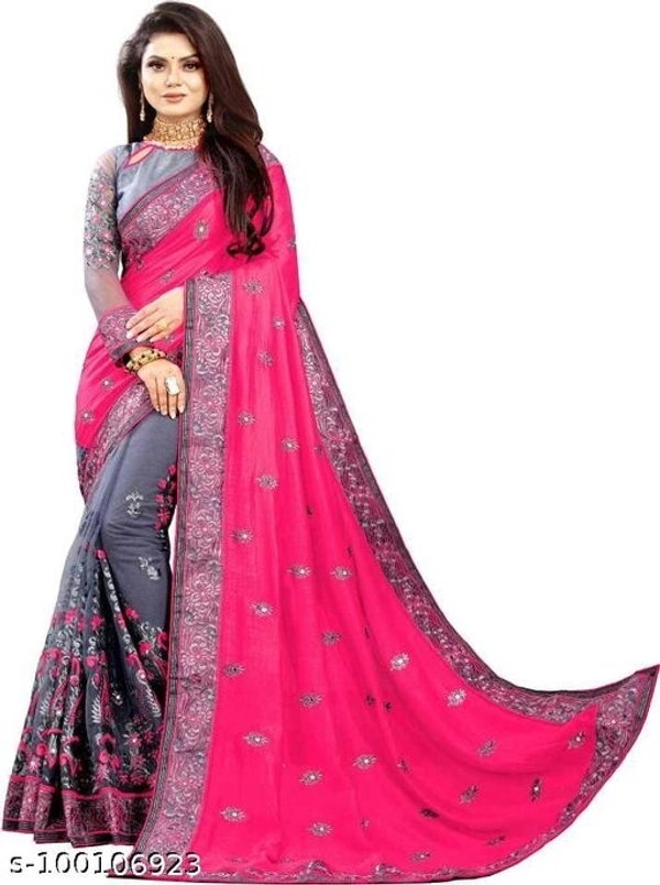 women's new designer fancy net embroidered work with mirror heavy work saree with blouse wedding collection trending saree - Free Size