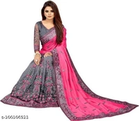 women's new designer fancy net embroidered work with mirror heavy work saree with blouse wedding collection trending saree - Free Size