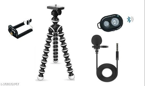 Gorilla Tripod Stand Holder with Collar Mic 1.5m and Bluetooth Remote Controller Shutter Button for Mobile & Camera - Free Size