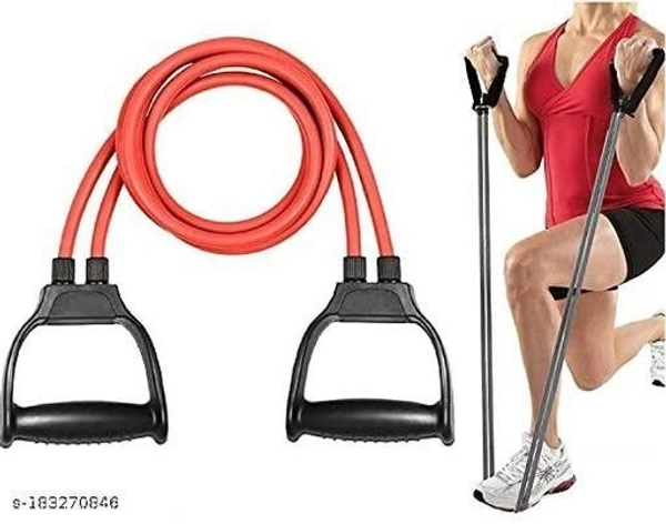 Double Toning Resistance Tube Pull Rope Elastic Rubber Exercise Band for Stretching, Workout, Home Gym and Toning with Heavy Quality D Shaped Handles - Free Size