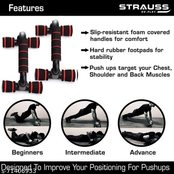 Strauss Moto Pushup Bar Stand for Gym & Home Exercise with Foam Grip Handle for Chest Press, Pair (Black) (PushUp Stand with Foam Grip | Push-up Bar) - Free Size