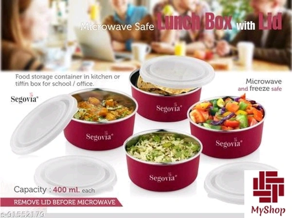 Segovia Stainless steel Microwave safe Lunch box container with air tight lid capacity 400ml set of 4 pcs - Free Size