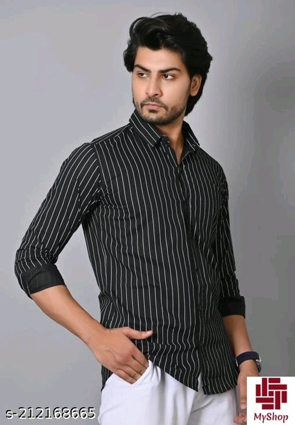 Casual Black Vertical Stripes/Lining Printed Cotton Shirts/Full/Slim collar Black Vertical Stripes/Lining Printed shirt /printed Black shirts /Party wear Black Shirts for men/full sleeves Black Lining Printed shirts/printed full sleeves Cotton shirts  - Black, M