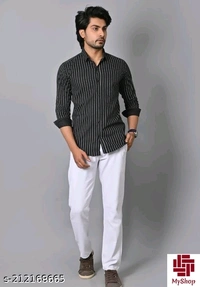 Casual Black Vertical Stripes/Lining Printed Cotton Shirts/Full/Slim collar Black Vertical Stripes/Lining Printed shirt /printed Black shirts /Party wear Black Shirts for men/full sleeves Black Lining Printed shirts/printed full sleeves Cotton shirts  - Black, M