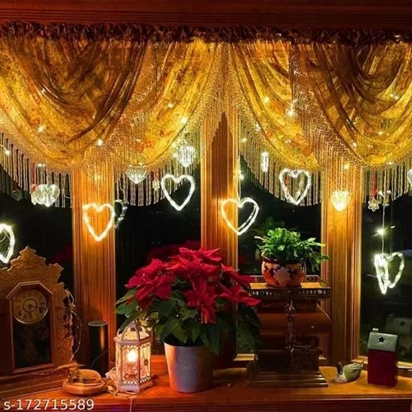 URBAN KENDRAA String Lights- 12 Heart 138 LED Curtain String Lights with 8 Flashing Modes Led Light for Home Decoration, Diwali Light (Heart Shape Curtain Light Warm-White) - Free Size