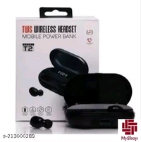 Tws T-2 With Charging Case & Power Bank Bluetooth Headset - Black, Free Size