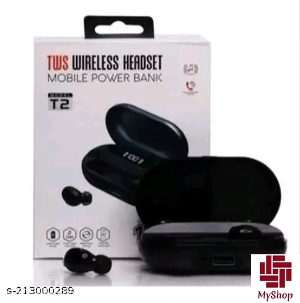 Tws T-2 With Charging Case & Power Bank Bluetooth Headset - Black, Free Size
