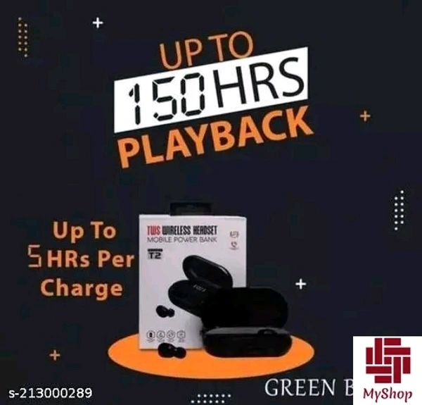 Tws T-2 With Charging Case & Power Bank Bluetooth Headset - Black, Free Size
