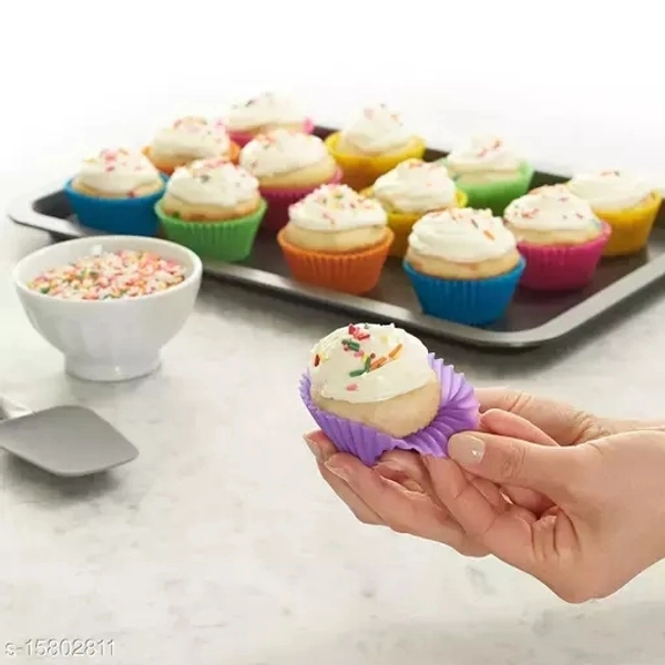 Silicone 12 Pieces Round Moulds for Muffins/Cupcake/Jelly/Cake (Made in India) - Free Size