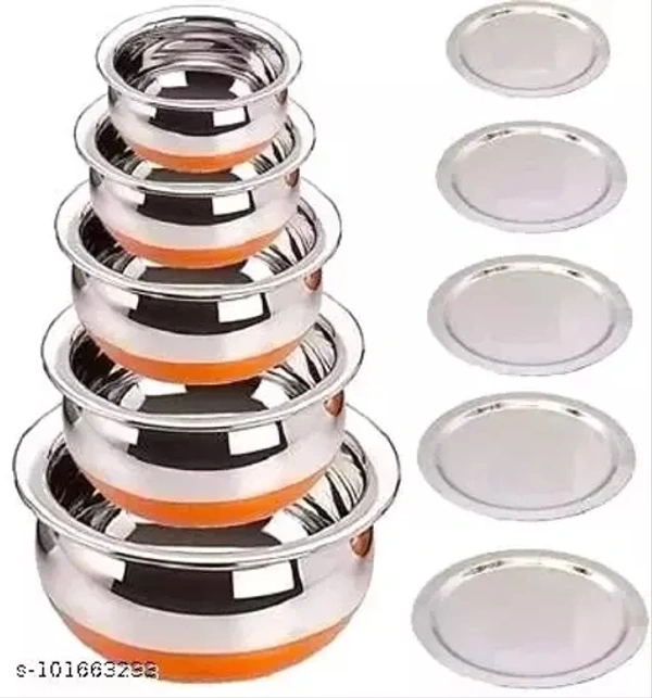 Stainless Steel Copper Bottom Handi with lid - Kitchen Serving & Cookware Bowl Cooking Bowl | Handi Set 5-Pieces | Biryani Handi Set - Free Size