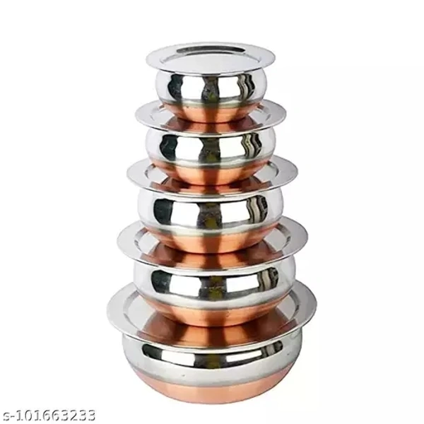 Stainless Steel Copper Bottom Handi with lid - Kitchen Serving & Cookware Bowl Cooking Bowl | Handi Set 5-Pieces | Biryani Handi Set - Free Size