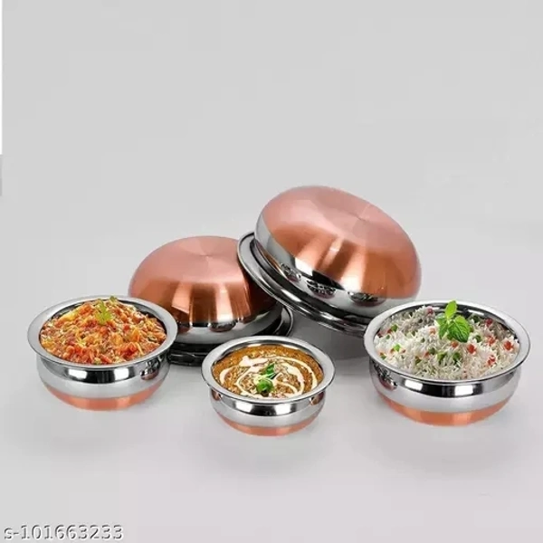Stainless Steel Copper Bottom Handi with lid - Kitchen Serving & Cookware Bowl Cooking Bowl | Handi Set 5-Pieces | Biryani Handi Set - Free Size