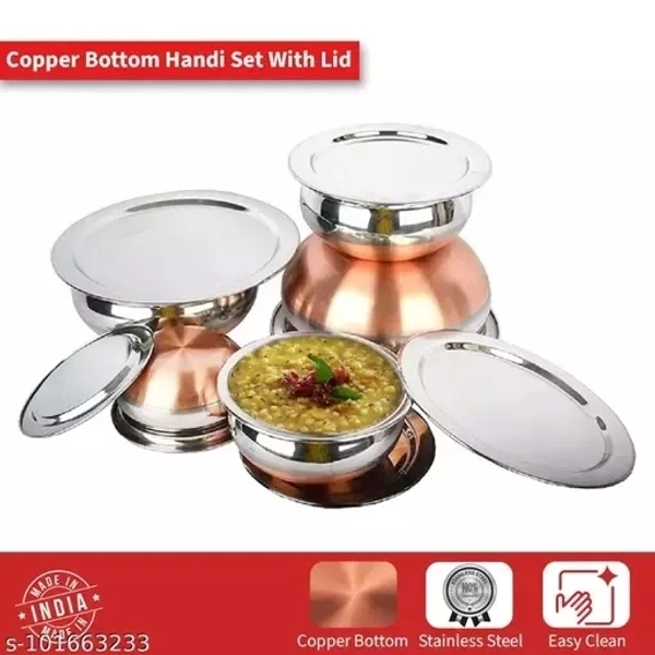 Stainless Steel Copper Bottom Handi with lid - Kitchen Serving & Cookware Bowl Cooking Bowl | Handi Set 5-Pieces | Biryani Handi Set - Free Size