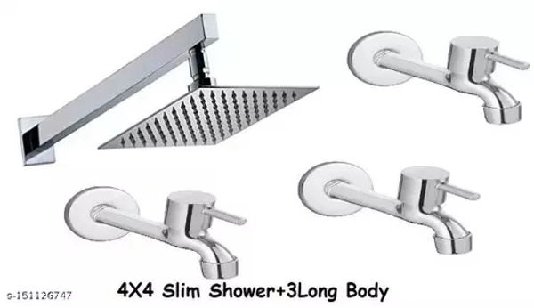 fastgear by fastgear Stainless Steel 3 Long Body Tap with 4X4 Slim Shower for Bathroom(Chrome Finish) Trendy Design water Saving Aerator Suitable for Washbasin Bathroom &Kitchen Bib Tap Faucet  (Wall Mount Installation Type) - Free Size
