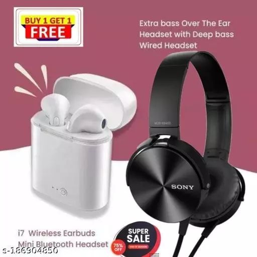 New Combo i7s TWS Wireless Bluetooth Airpods Wired Headphone Extra Bass Combo offer