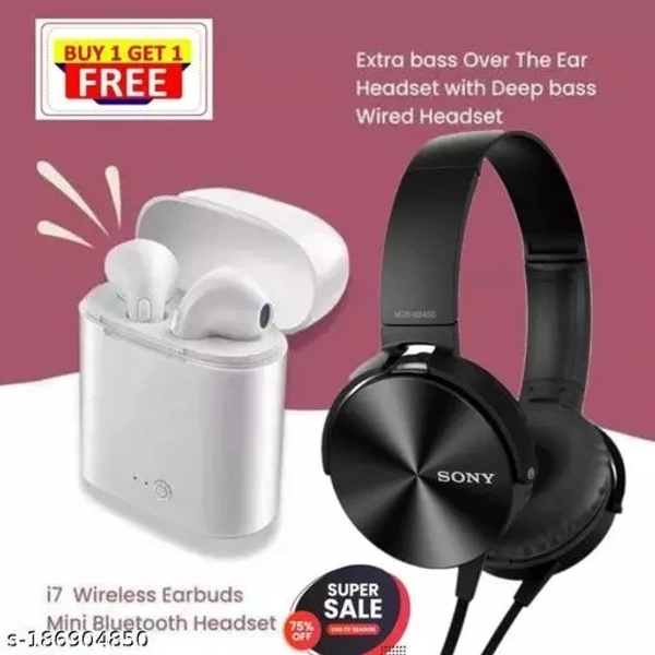 New Combo i7s TWS Wireless Bluetooth Airpods & Wired Headphone Extra Bass Combo offer - Free Size