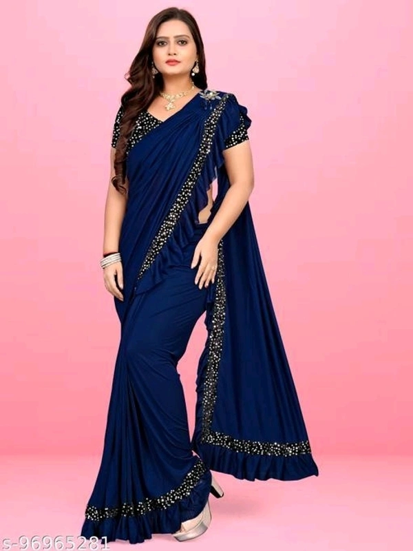 Ready to Wear Lycra Navy Blue  Ruffle Saree With Blouse - Free Size