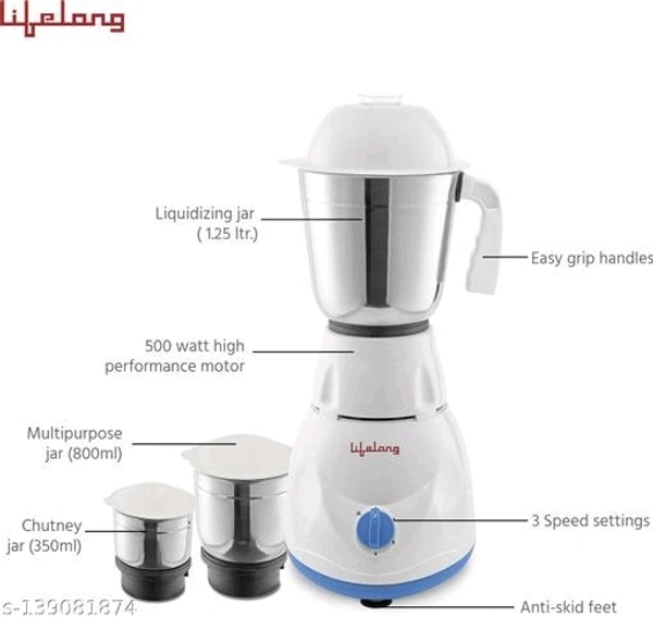 Lifelong LLMG20 Power Pro 500W With 3 Jars Mixer Grinder (White/Blue) - Free Size