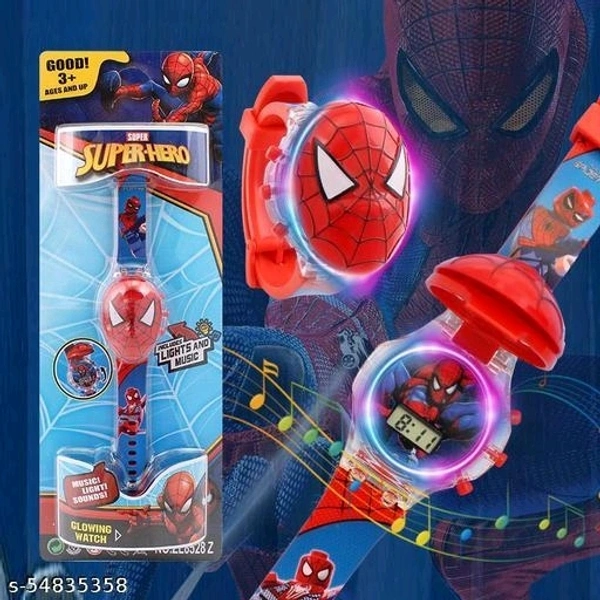 3D Action Figure Spiderman Face Based Toy Design Digital Glowing Watch with Disco Music and Blinking Lights for Kids | for Boys Girls- Good Birthday Return Gift - Free Size