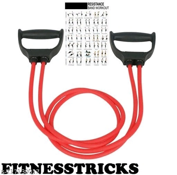 Double Toning Resistance Tube Pull Rope Elastic Rubber Exercise Band for Stretching, Workout, Home Gym and Toning with Heavy Quality D Shaped Handles with Workout Chart - Free Size