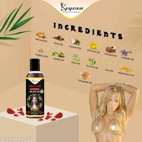 Keyoza Release VALENTINE Bigger Breast Enlarge 100% Natural Body Toner Breast Oil for Women its helps in growth/firming/tightening natural with Anti Ageing, Shaping, Uplifting Sagging Fat Muscles, No Mineral Oil, No Paraben, No Chemical Women (100 ml) - Free Size