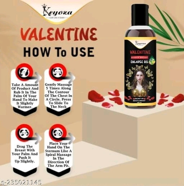 Keyoza Release VALENTINE Bigger Breast Enlarge 100% Natural Body Toner Breast Oil for Women its helps in growth/firming/tightening natural with Anti Ageing, Shaping, Uplifting Sagging Fat Muscles, No Mineral Oil, No Paraben, No Chemical Women (100 ml) - Free Size