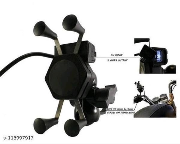 Motorcycle Phone Holder with USB Charger 360 Rotation Bike Mobile Charger Fast Charging Bike Mobile Holder (Black) fit mobile phones from 3.5 inches to 7 inches screen size. - Free Size