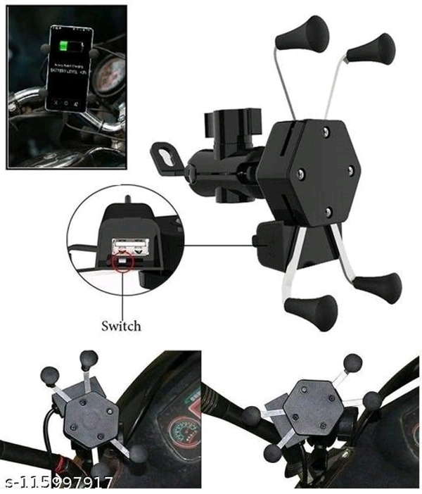 Motorcycle Phone Holder with USB Charger 360 Rotation Bike Mobile Charger Fast Charging Bike Mobile Holder (Black) fit mobile phones from 3.5 inches to 7 inches screen size. - Free Size