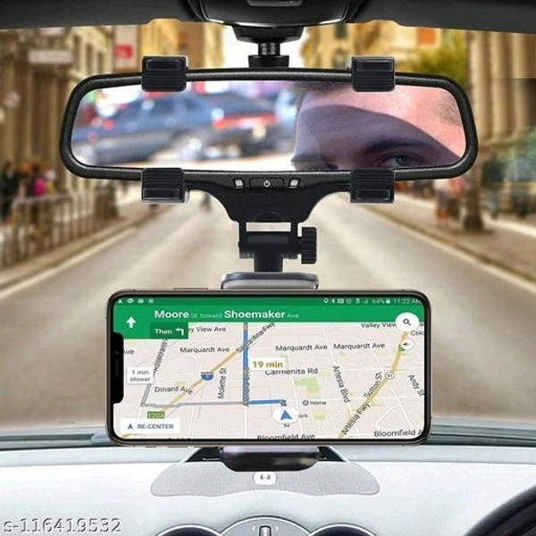 RKM Car Mobile Holder 360 Rotation  Rearview Mirror Phone Holder- Car Phone Mount- Phone Bracket, Phone Stand with 270° Swivel and Adjustable Clips, Universal Smartphone Cradle (Black) - Free Size