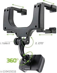RKM Car Mobile Holder 360 Rotation  Rearview Mirror Phone Holder- Car Phone Mount- Phone Bracket, Phone Stand with 270° Swivel and Adjustable Clips, Universal Smartphone Cradle (Black) - Free Size