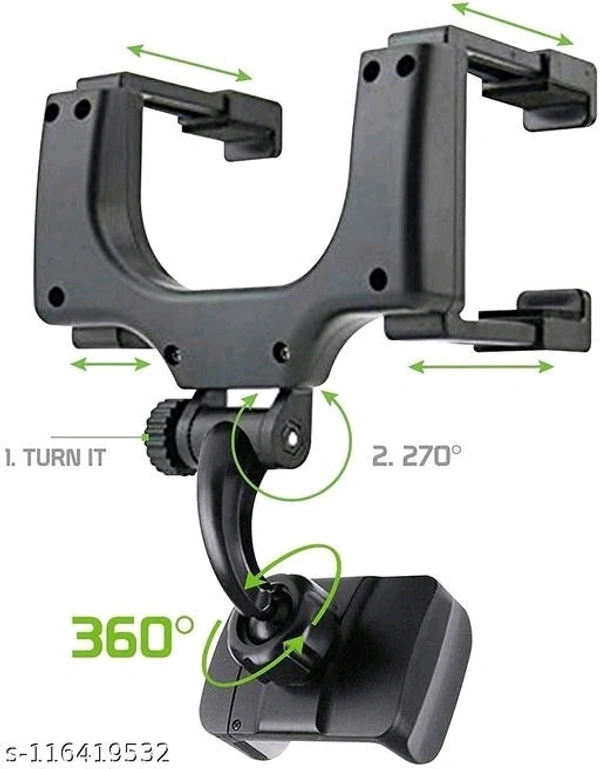RKM Car Mobile Holder 360 Rotation  Rearview Mirror Phone Holder- Car Phone Mount- Phone Bracket, Phone Stand with 270° Swivel and Adjustable Clips, Universal Smartphone Cradle (Black) - Free Size