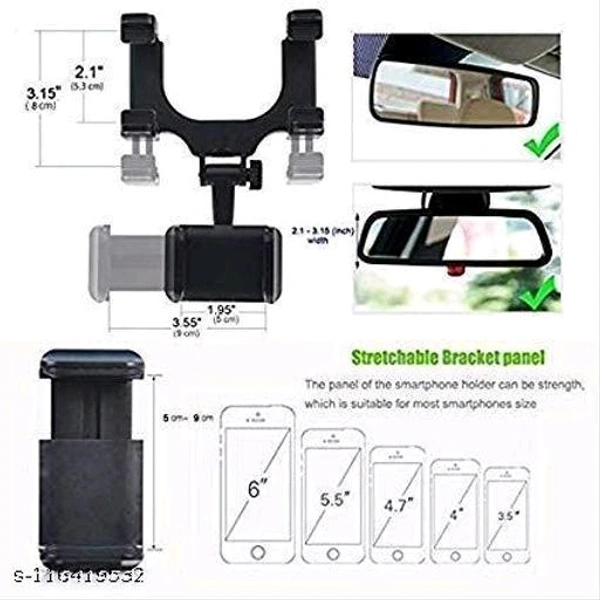 RKM Car Mobile Holder 360 Rotation  Rearview Mirror Phone Holder- Car Phone Mount- Phone Bracket, Phone Stand with 270° Swivel and Adjustable Clips, Universal Smartphone Cradle (Black) - Free Size
