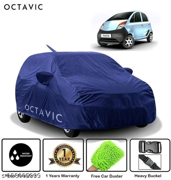 Tata Nano  Navy Blue   Tata Nano  Car Cover with Mirror Pocket - Water Resistant Fabric - SunProof - Heavy Buckle (Red Stripe ) - Free Size