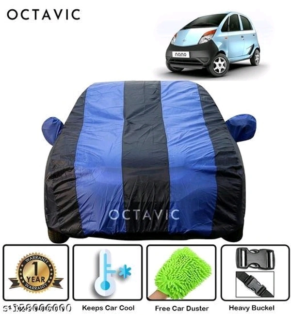 Tata Nano Blue Stripe   Tata Nano  Car Cover with  - 1 Year Replacement - Triple Stitched - SunProof - Heavy Buckle (Blue Stripe ) - Free Size
