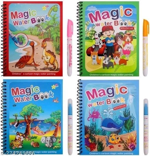 Reusable Magic Water Quick Dry Book Water Coloring Book Doodle with Magic Pen Painting Board for Children Education Drawing Pad (Random Design & Assorted Color) (Multi Color, 4) - Free Size