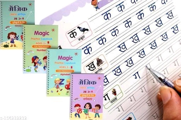 Hindi And English Language  Magic Practice copy Book Hindi Alphabet And Number or English Alphabet And Number 4Book+10Refills+1Pen+Grip Hindi Magic Practice copy book - Free Size