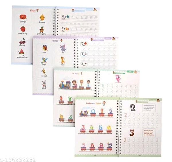 Hindi And English Language  Magic Practice copy Book Hindi Alphabet And Number or English Alphabet And Number 4Book+10Refills+1Pen+Grip Hindi Magic Practice copy book - Free Size