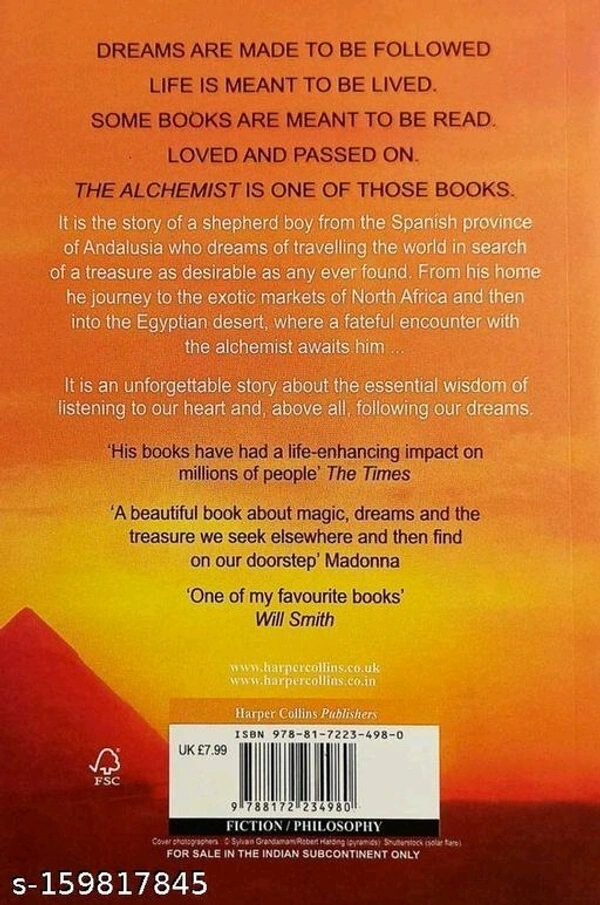 THE ALCHEMIST BY PANLO COELHO.  NOVEL,DRAMA,FANTACY FICTION,ADVANTURE FICTION.The Alchemist is worth reading by readers - Free Size